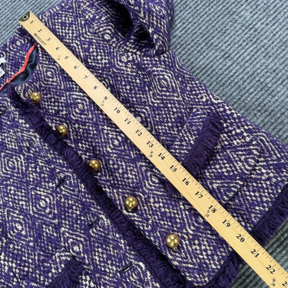 J.Crew Purple‎ Diamond Tweed Jacket Womens 6 Gold Button Fringe Trim Wool Blend - Picture 11 of 13